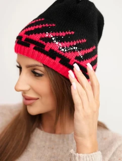 Dámska zimná vlnená čiapka s geometrickým vzorom a kamienkami K469 black + fuchsia