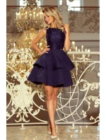 Tmavo modré dámske dvojito rozšírené šaty s čipkovou vrchnou časťou model 6408775