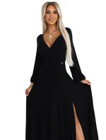 572-2 NELA lesklé dlhé šaty s výstrihom a dlhými rukávmi - ČIERNE