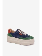 Zamszowe Sneakersy Damskie Na Platformie Zazoo N1269S3 Zielono-Granatowe