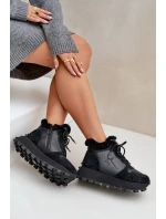 Skórzane Sneakersy Trapery Damskie Z Futerkiem Na Platformie Big Star OO274A329 Czarne