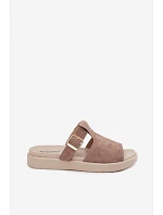 Semišové dámské pantofle na platformě se zlatou přezkou tmavě béžové Zemela