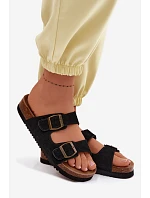 Kožené semišové dámské pantofle s přezkami černé Rosaliae