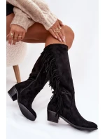 Dámské kozačky na podpatku s třásněmi zateplené černé Firlina