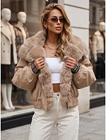 Krátka dámska bunda s odnímateľnou kožušinou, béžová, FashionStreet TY5838 Krátka dámska bunda s odnímateľnou kožušinou, béžová, FashionStreet TY5838