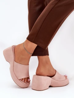 Eko Zamszowe Klapki Damskie Na Platformie I Koturnie Różowe Afisal