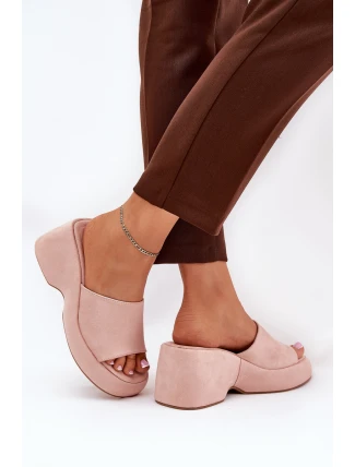 Eko Zamszowe Klapki Damskie Na Platformie I Koturnie Różowe Afisal