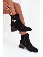 Ocieplane Botki Damskie Ze Złotą Ozdobą Na Klocku Czarne Sarona