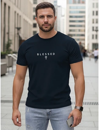 Pánske bavlnené tričko s potlačou BLESSED navy blue FashionStreet NX5124R