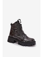 Skórzane Lakierowane Botki Damskie Z Ozdobą Ocieplane Artiker 57C2081 Grafitowe