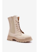 Skórzane Damskie Botki Workery Sznurowane Jasnobeżowe Nicole 2836