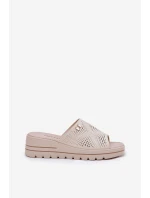 Skórzane Klapki Damskie Na Koturnie Vinceza 41477 Beżowe