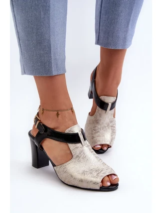 Dámske sandále na vysokom podpätku z ekokože, zlaté a čierne Queenmarie