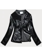 Vypasovaná čierna dámska bunda s rôznych spojených materiálov (752ART)