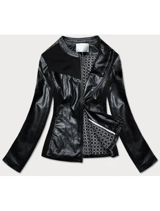 Vypasovaná čierna dámska bunda s rôznych spojených materiálov (752ART)