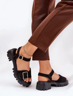 Eko Zamszowe Sandały Damskie Z Klamrą Czarne Gofielle