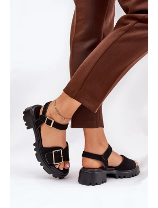Eko Zamszowe Sandały Damskie Z Klamrą Czarne Gofielle