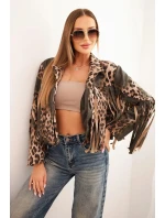 Dámska semišová bunda s leopardím vzorom a khaki strapcami