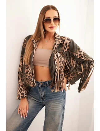 Dámska semišová bunda s leopardím vzorom a khaki strapcami