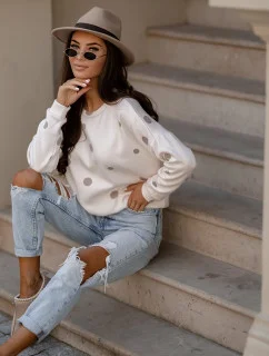 Béžová dámska bavlnená mikina s bodkami (784)