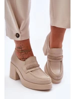 Skórzane Półbuty Na Słupku Z Ozdobą Beżowe Lemar Gelanor