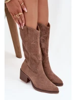 Ażurowe Kozaki Kowbojki Damskie Na Obcasie Ciemnobeżowe Olivette