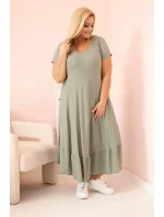 Dámske plus size šaty s krátkymi rukávmi a volánom z ľahkej viskózy v khaki farbe