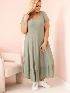 Dámske plus size šaty s krátkymi rukávmi a volánom z ľahkej viskózy v khaki farbe