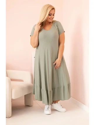Dámske plus size šaty s krátkymi rukávmi a volánom z ľahkej viskózy v khaki farbe