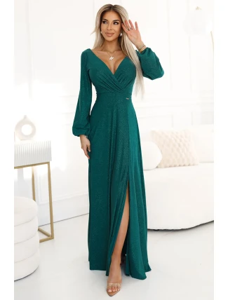 572-4 NELA trblietavé dlhé šaty s výstrihom, dlhými rukávmi a rozparkom na nohách - MASTOVO ZELENÁ
