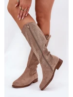 Kozaki Na Płaskim Obcasie Z Ażurowym Wzorem S.Barski HY51-062 Beżowe