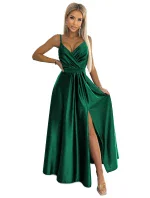 512-1 JULIET elegantné dlhé saténové šaty s výstrihom - BOTTLE GREEN