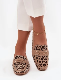 Mokasyny Loafersy Damskie Z Ozdobnym Elementem Panterka Beżowe Evelora