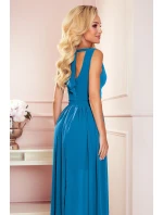 362-4 JUSTINE Długa suknia z dekoltem i wiązaniem - NIEBIESKA