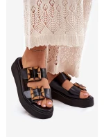 Eko Skórzane Klapki Damskie Na Platformie Z Klamrami Czarne Xanivia