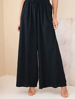 Dámske široké bavlnené nohavice s elastickým pásom čierne