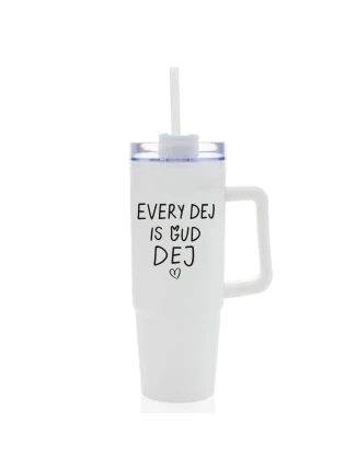 EVERY DEJ IS GUD DEJ - bílý cestovní hrnek s průhledným víčkem 900 ml  