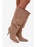 Wsuwane Kozaki Damskie Na Szpilce Z Eko Zamszu Beżowe Noretta