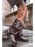 Kozaki Damskie Z Wywiniętą Cholewką Do Połowy Łydki Z Paskiem Czekoladowe Darisa