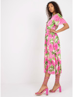Ružovo-zelené plisované šaty v jednej veľkosti s kvetinovou potlačou