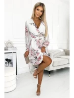 422-2 ROSETTA Dámske šaty s obálkovým výstrihom a opaskom - WHITE IN ROSE 422-2 ROSETTA Dámske šaty s obálkovým výstrihom a opaskom - WHITE IN ROSE