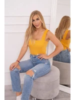 Blúzka bez ramienok s volánikmi v horčicovej farbe