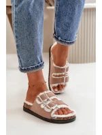 Damskie Kapcie Klapki Z Klamrami I Futerkiem Beżowe Ezilena