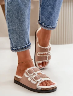 Damskie Kapcie Klapki Z Klamrami I Futerkiem Beżowe Ezilena