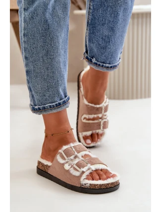 Damskie Kapcie Klapki Z Klamrami I Futerkiem Beżowe Ezilena