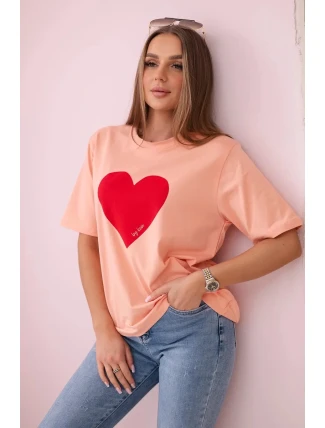 Bavlnená blúzka s potlačou srdca lososová