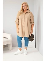 Dámska košeľa Plus Size z viskózového manšestru s odnímateľnými rukávmi v kamelovej farbe Dámska košeľa Plus Size z viskózového manšestru s odnímateľnými rukávmi v kamelovej farbe