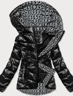 Čierna dámska bunda s vzorovanou podšívkou (W718)