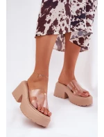 Transparentne Klapki Damskie Na Platformie I Masywnym Obcasie Beżowe Rizana