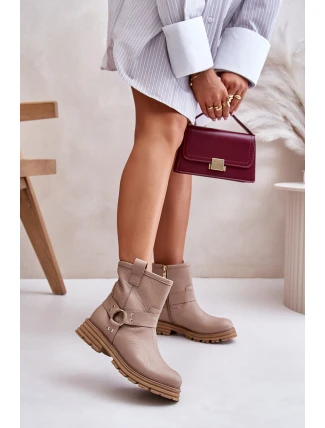 Skórzane Botki Damskie Na Płaskim Obcasie Lewski 3610 Beżowe